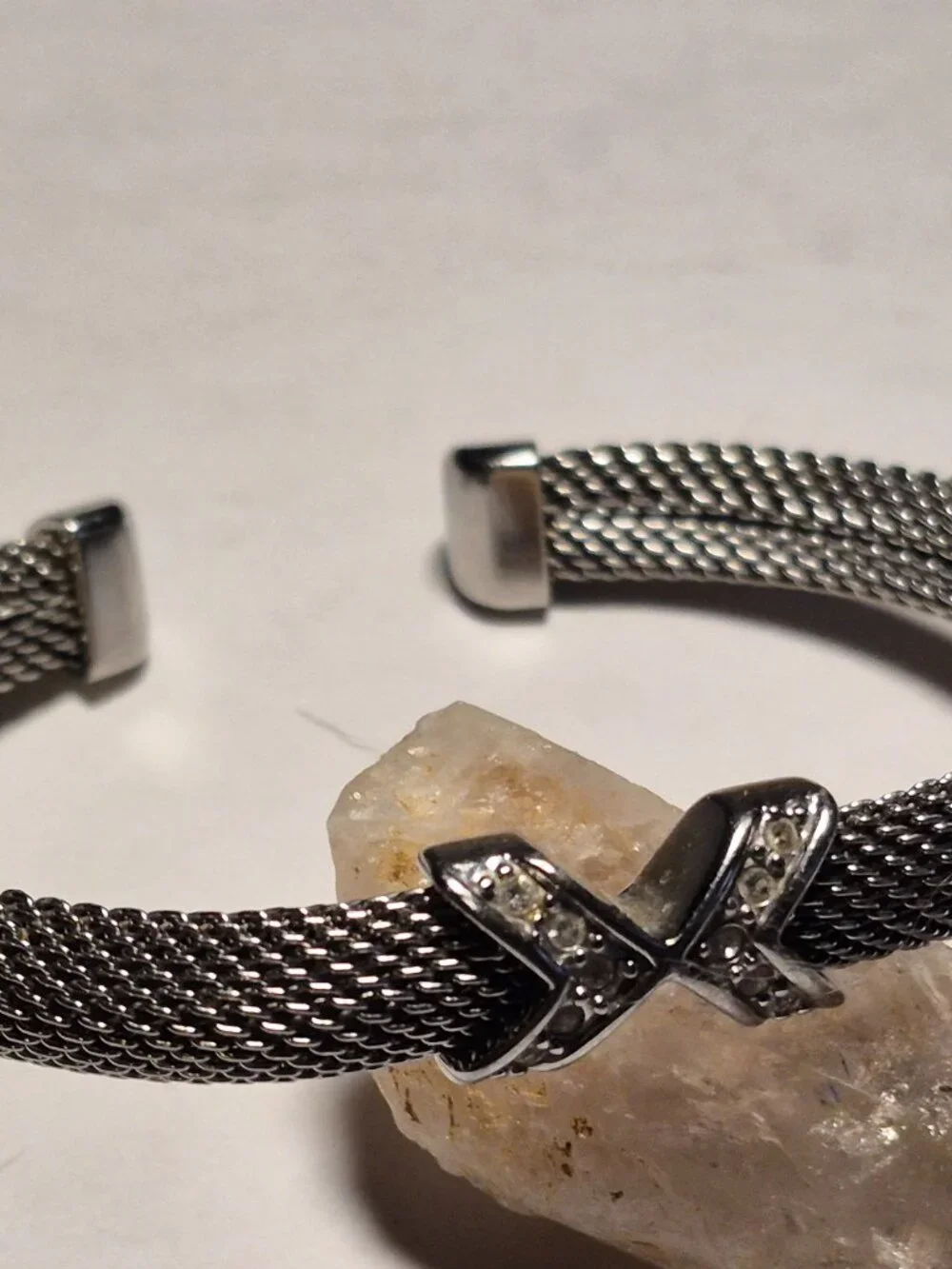 Skagen Silver Tone Woven Mesh Cuff Bracelet Cross/X Centerpiece Rhinestones